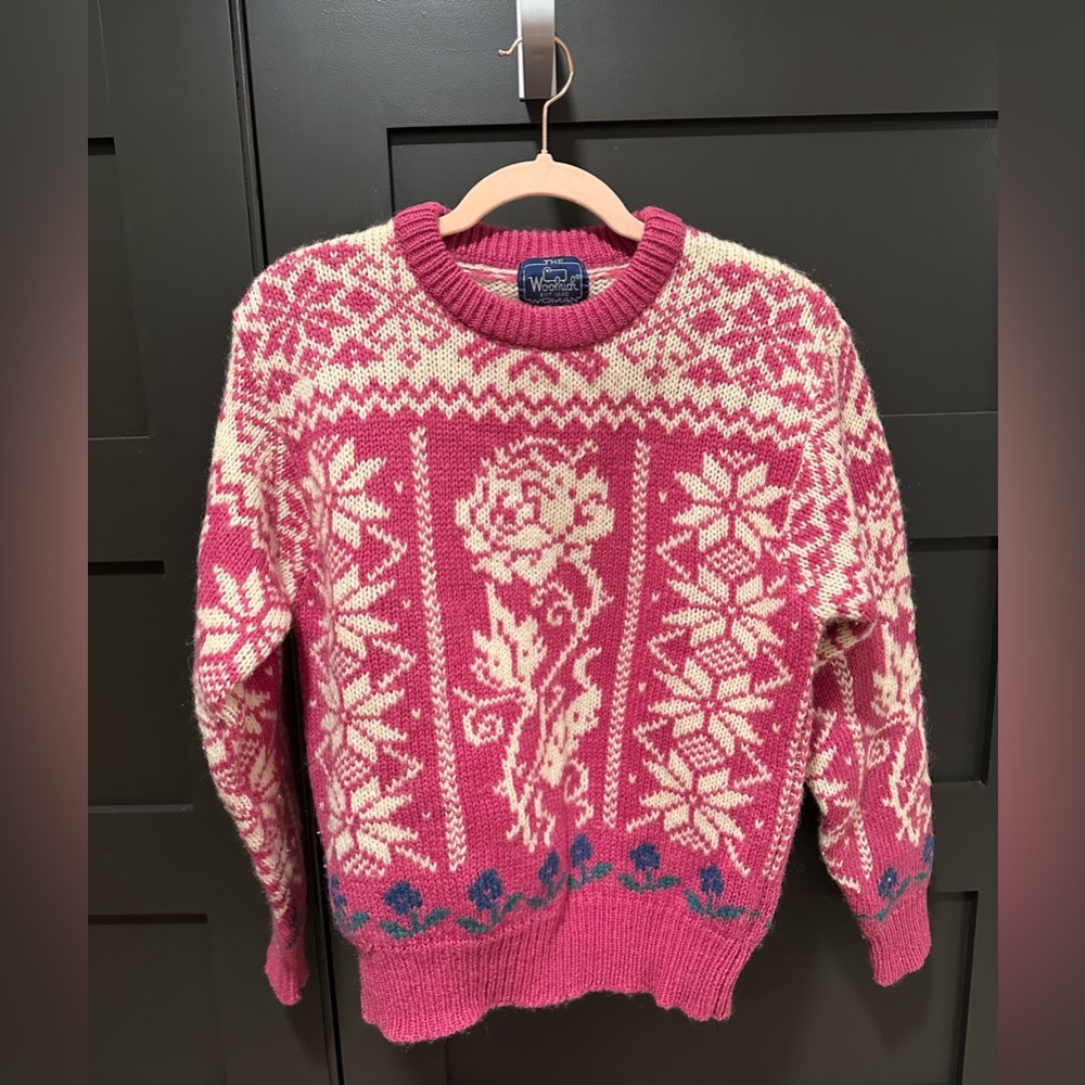 Vintage Woolrich Sweater Pink Star Rose Jacquard Wool Mohair Small